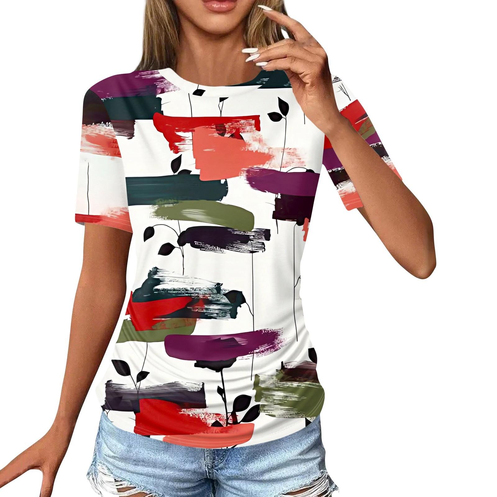 

Жіночі футболки Модні повсякденні топи з круглим вирізом і короткими рукавами. Туніка з принтом L фіолетовий