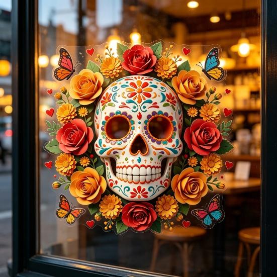 Indoor Outdoor Festive Window Art Day of The Dead Skull Flower Static Sticker, Colorful Mexican Floral Glass Decorative Stickers for Home Halloween