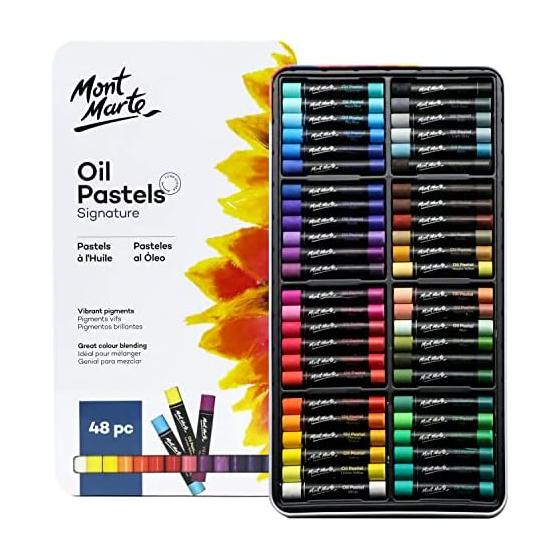 Mont Marte Oil Pastels in Tin Box, 48 Colors Oil Pastel - Vibrant Oil Pastel Set - Perfect for Blending and Layering - Comes with Storage Case -