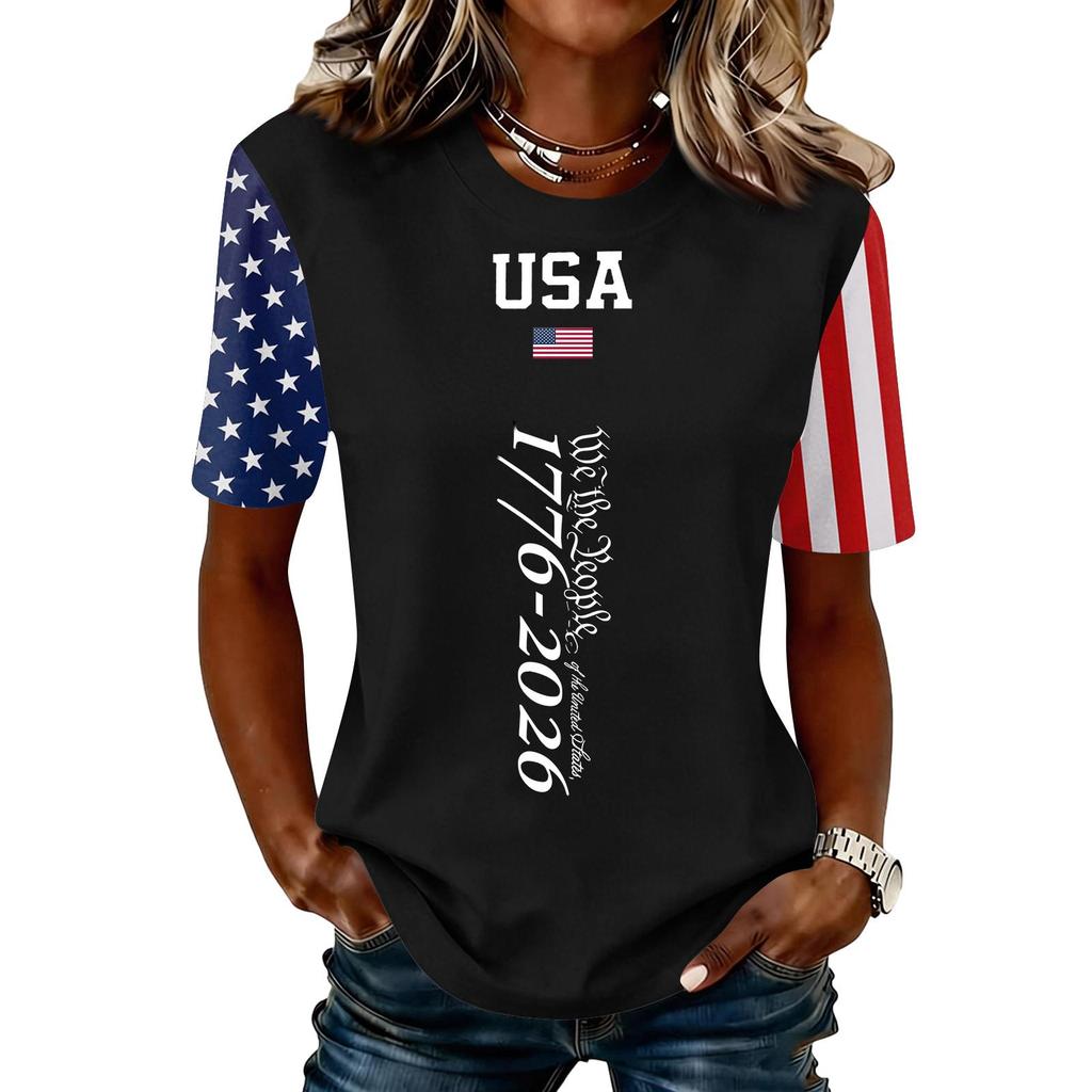 Women's Fashionable Casual Short Sleeve Print Round Neck Pullover Top