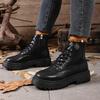 Block Heel Platform Booties Fashion Round Toe Lace-up Side Zipper Soft Sole Anti-Slip Wear-Resistant Women's Shoes