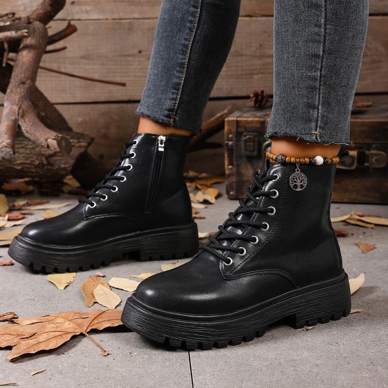 Block Heel Platform Booties Fashion Round Toe Lace-up Side Zipper Soft Sole Anti-Slip Wear-Resistant Women's Shoes