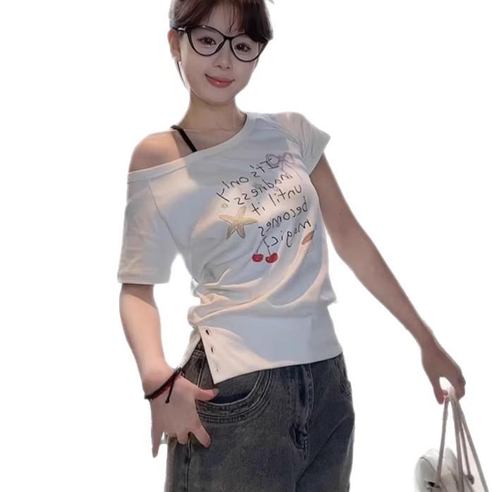 White One-Shoulder Women's Slimming Summer T-Shirt