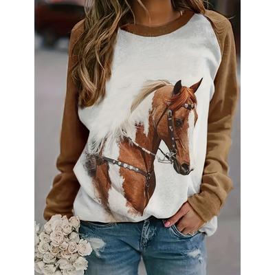 Moletom feminino com estampa de cavalo da moda, confortável, manga comprida, gola redonda, pulôver para outono e inverno, roupa casual elegante