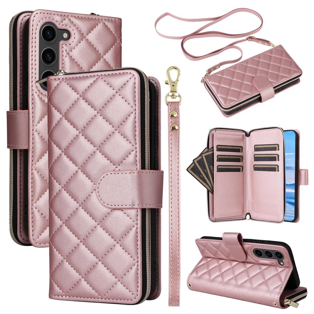 For Samsung Galaxy S23+ Case Rhombus Zipper Wallet Leather Phone Cover with Straps