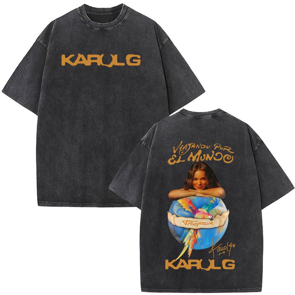Karol G Viajando Por El Mundo Tropitour  Graphics T Shirt Unisex Women Fashion Cotton Loose Casual Vintage Washed Tshirts Tops