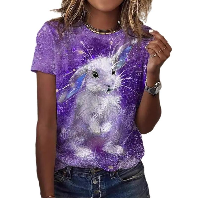 

Женская рубашка с круглым вырезом и короткими рукавами для поездок на работу с принтом кролика на лето XXXL