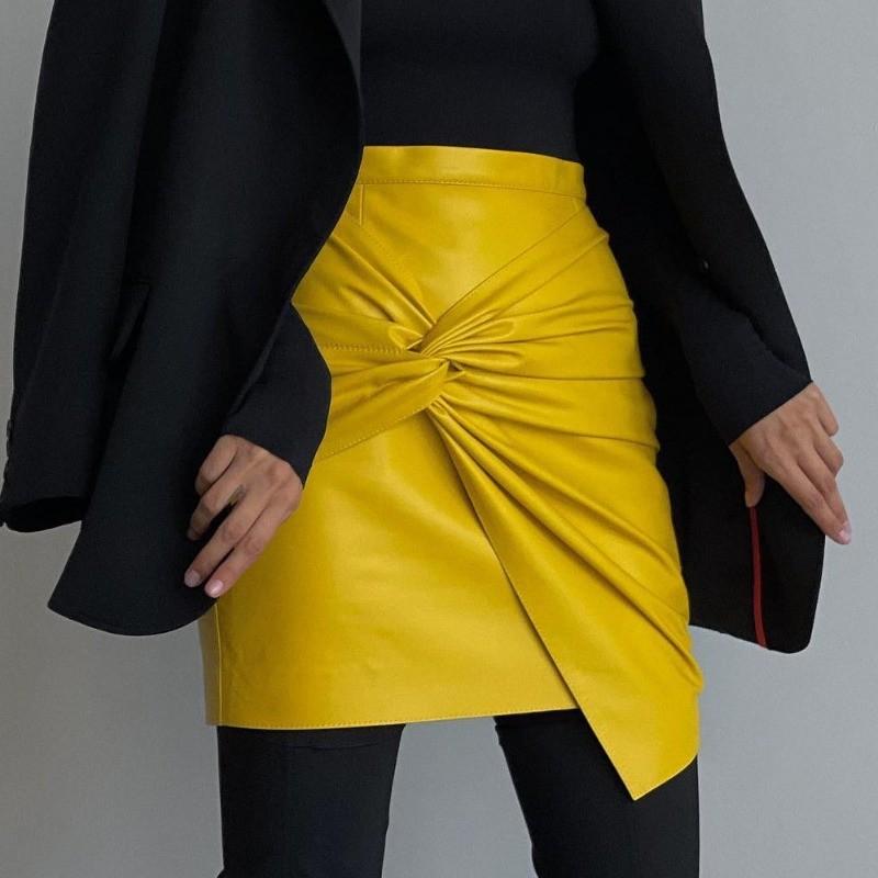 Qooth Elegant Women A Line Irregular PU Bodycon Skirt Slim Mini Length Zipper Waist Casual Skirt  QT2708