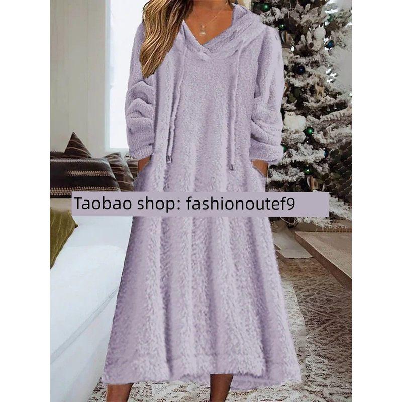 

2024 Loose Casual Plush Hooded Long Sleeved Dress Light purple 3XL