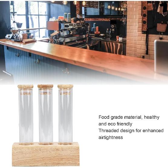 Asixxsix Coffee Bean Jars Canisters, Glass Tubes Single Dose Coffee Bean Storage with Wooden Display Stand & Airtight Lids, Coffee Bean Cellar