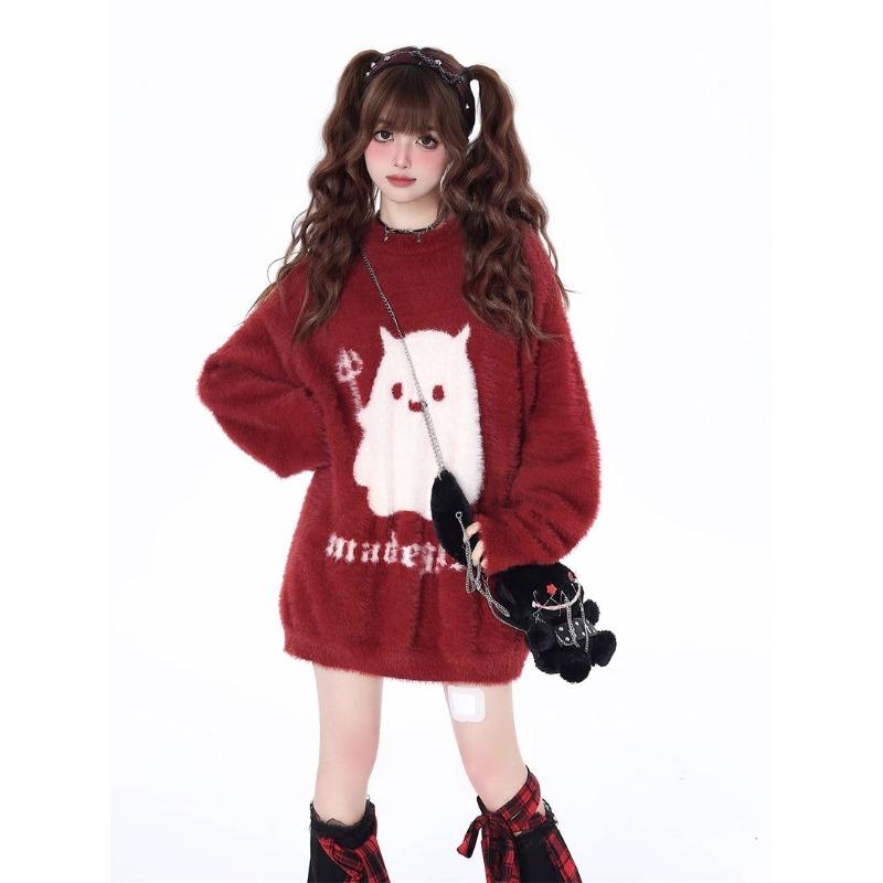 Ghost Pattern Red Women's Sweater Christmas Oversized Round Neck Knitted Shirt Loose Winter Fashion Woman Long Sleeved Top