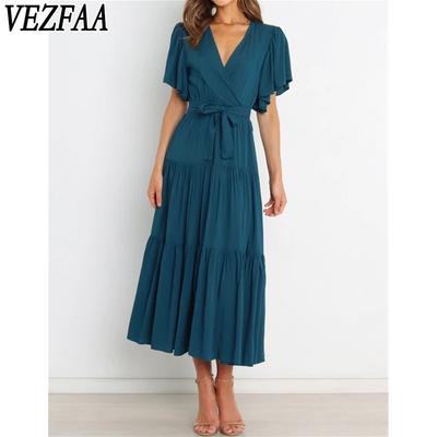 Damenmode Sommer Frühling Einfarbiger Druck Kurzarm V-Ausschnitt Hohe Taille Freizeitkleider