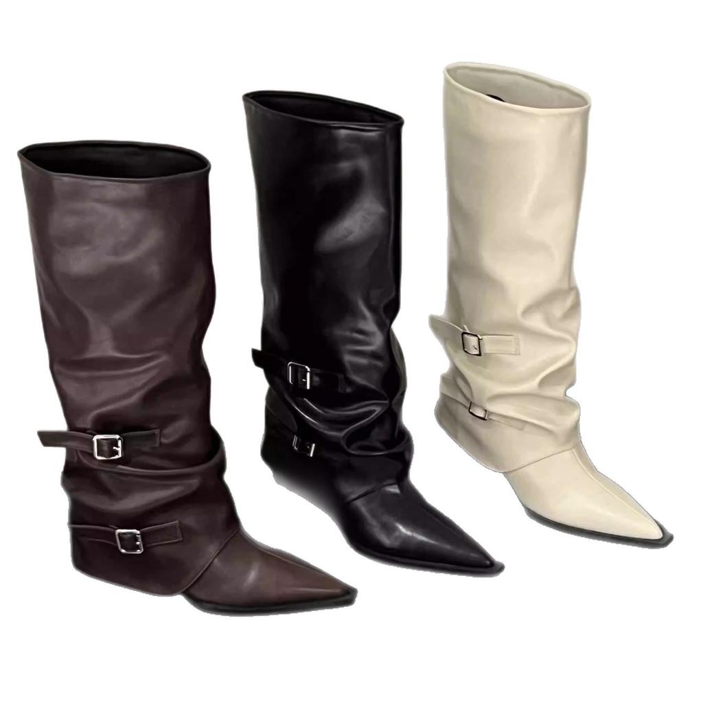 French temperament pointed head thick heel tall knight boots women wear in autumn and winter big tube circumference European and American spice girls