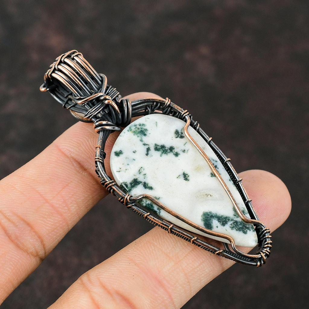 Moss Agate Pendant Copper Wire Wrapped Pendant Rainbow Moonstone Pendant Handmade Jewelry Wrapped Gemstone Pendant Moss Agate Copper Jewelry