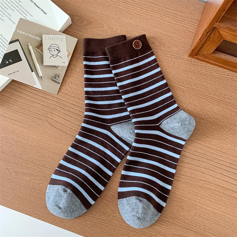 Ladies Spring and Autumn Retro Stripes Color Bump Buttons in The Tube Stack Socks