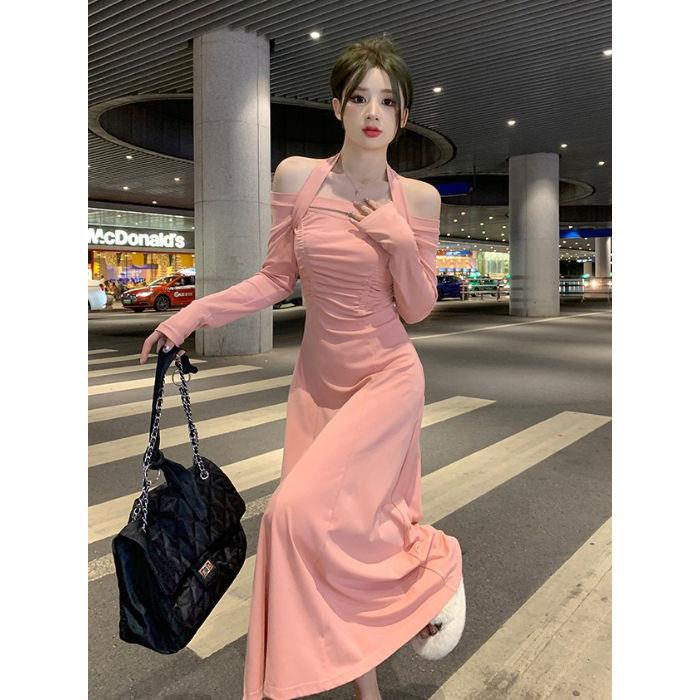 Sexy hot girl off-shoulder halter long-sleeve dress for women, new off-shoulder slim inner layer, hip-hugging long dress S