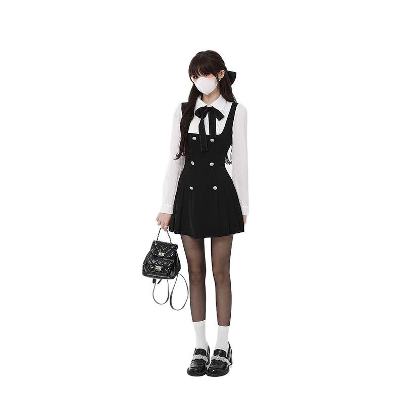 French Two-Piece Long-Sleeve Shirt Dress, Women's Spring 2026 Waist-Cinched A-Line Skirt, College Style