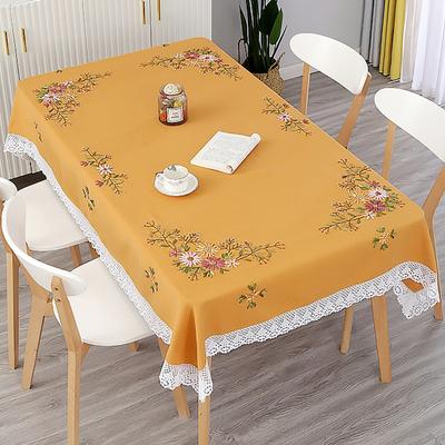 Embroidered Plaid Orange Cloth Art Table Cloth Pastoral Tea Table Cloth Flower Dust -Proof Towel Rectangular
