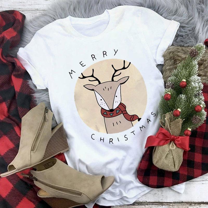 Women's Crew Neck Short Sleeve Graphic Print Christmas T-Shirts Loose Fit Casual Tees