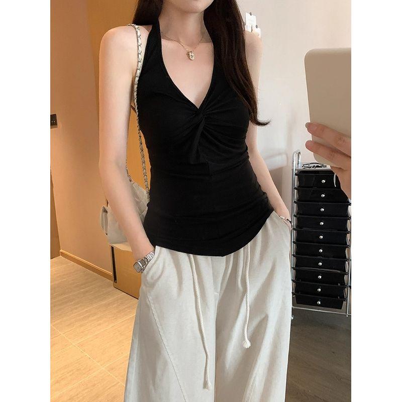 Kumikumi Gyaru Style White Kinked Hanging Neck Cami Women Summer Sexy Chic Slimming Backless Top