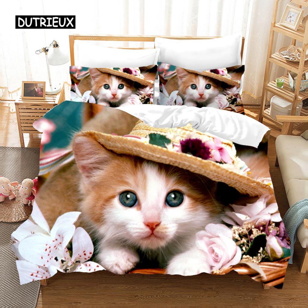 Duvet Cover 3D Cute Cat Dog Print Bedding Set Cute Duvet Cover Wild Animal Tribal Bed Cover Women Girls Kid Bedroom Decoration