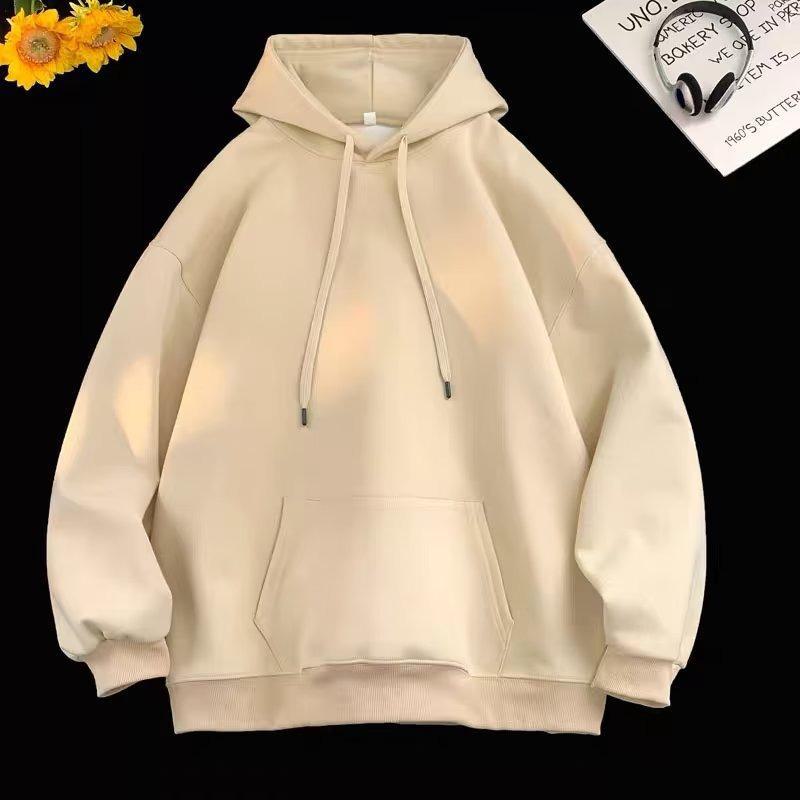 Hong Kong Style Men's Oversized Hooded Fleece Sweatshirt - Autumn/Winter Solid Color Pullover