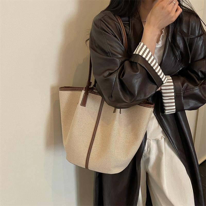 Canvas-Tragetasche mit Kontrastbesatz und langen Trägern, lässige Alltags-Einkaufstasche für Damen, für den täglichen Gebrauch