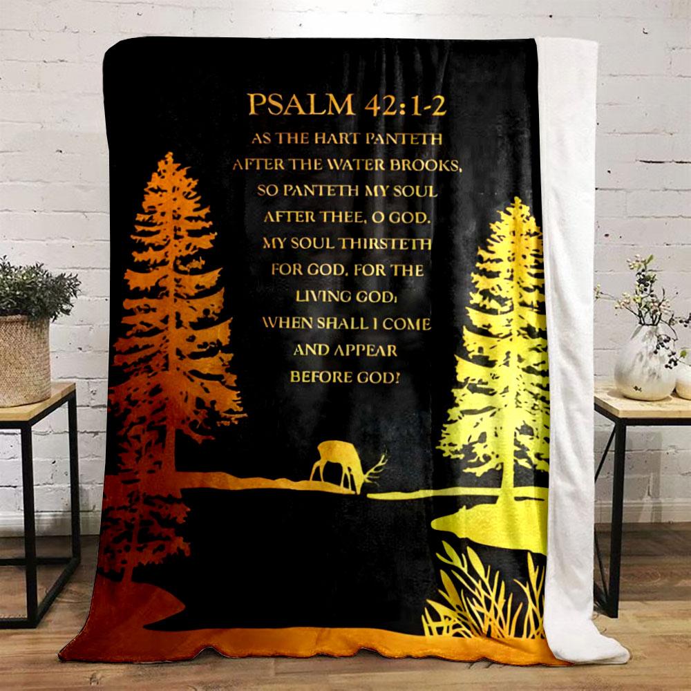 Golden Trees, Deer, and Water Silhouettes with Psalm Text On Black Background. for All Seasons Blanket Lunch Break Throw Gift