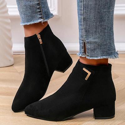 Casual Metal Decoration Solid Suede Ankle Boots Women Pointed Toe Medium Heel Chelsea Boots Women 2025 Classic Winter Shoes