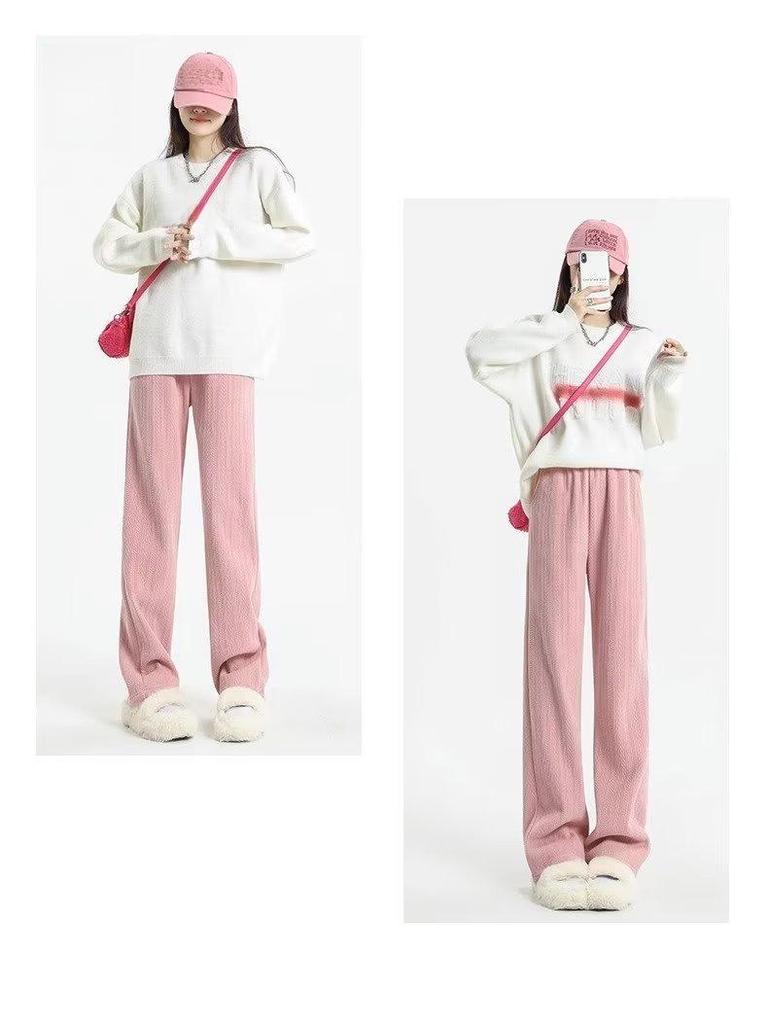 Women's High Waist White Chenille Wide-Leg Pants with Wheat Ear Pattern, Velvet Lined for Spring, Autumn, and Winter 2023.