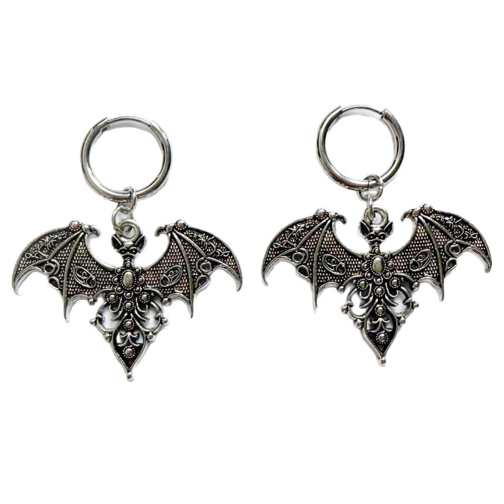 Gothic Retro Silver Color Engraved Bat Dangle Earrings for Women Men Dark Punk Hoop Earrings Halloween Vampire Witchy Jewelry
