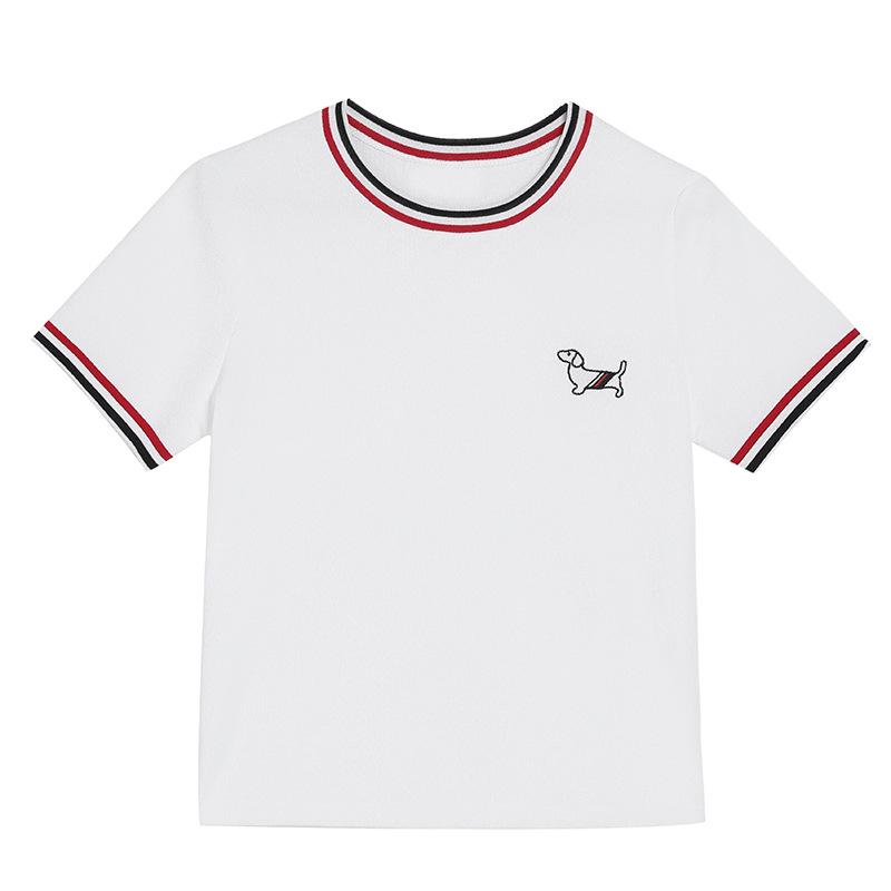 

Летний трикотажный свитер из ледяного шелка в студенческом стиле: Свободная приталенная футболка с коротким рукавом и вышивкой щенка One Size белый