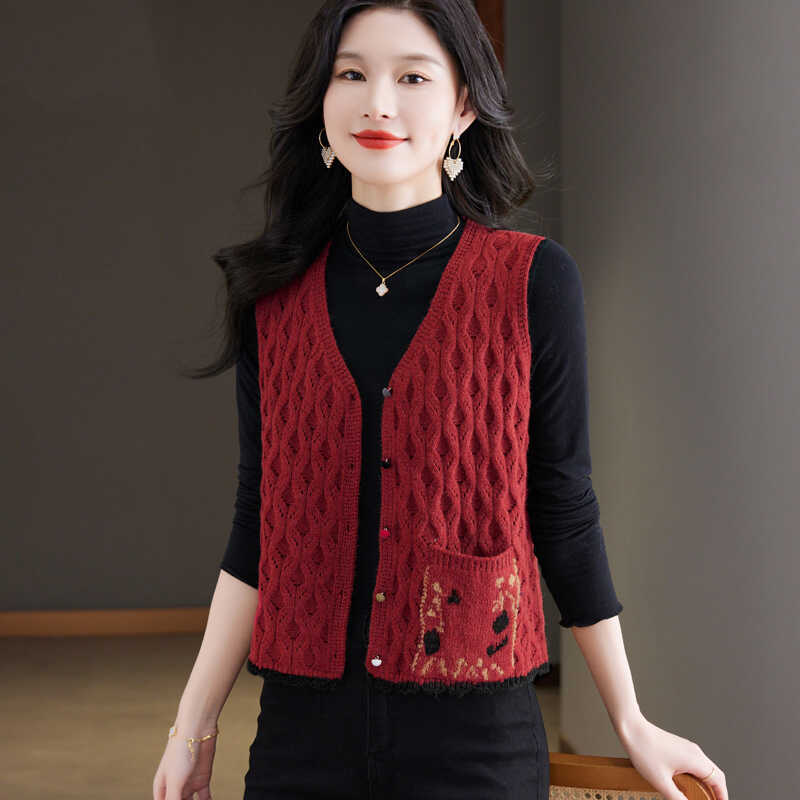 

Жилет куртка для женщин весна и осень без рукавов топ свободный вязаный кардиган тонкий свитер XL красный