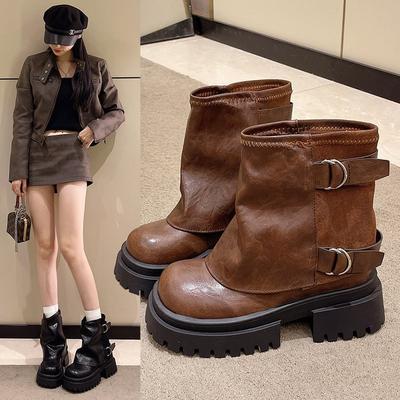 Autumn and Winter Large Size Women's Shoes 41 To 43 Yards Wide Fat Feet Thick Bottom Boots Female Fashion Pleated Stacked Boots Thick with Short Boots