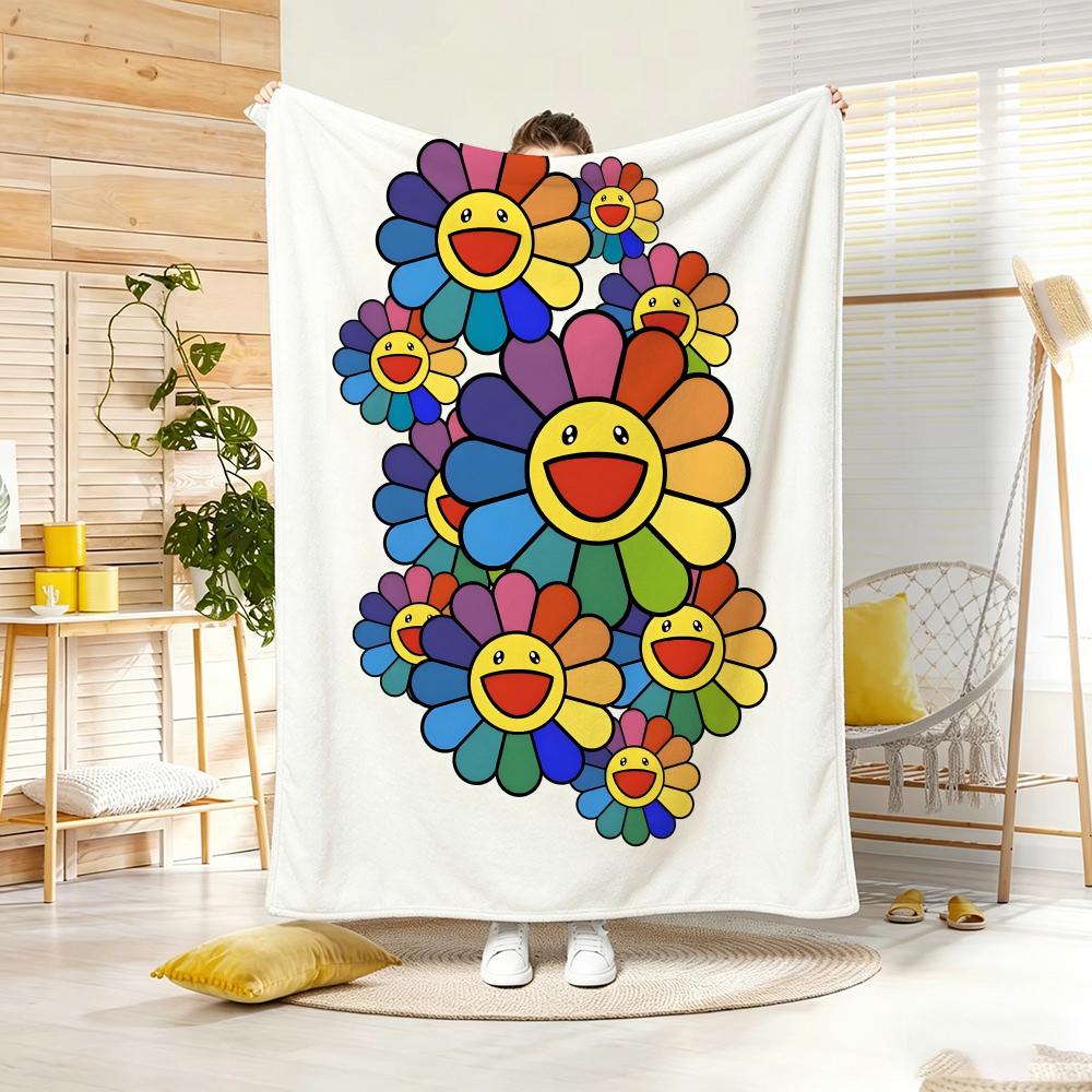 Couverture Lancer Motif Artistique T-Takashi Murakami Fleur Légère 240g Flanelle Douce Agréable pour la Peau Refroidissement d'Été