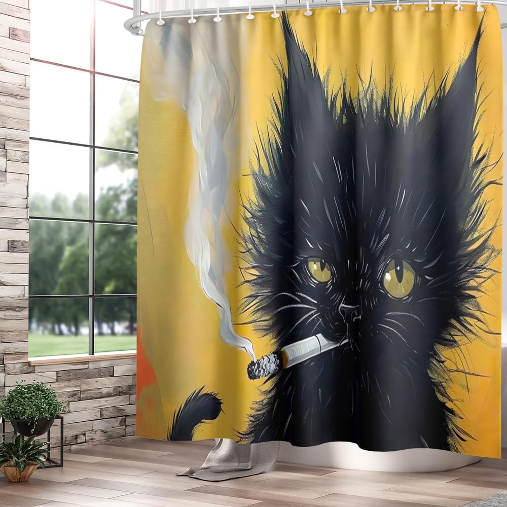 Black Cat Shower Curtain for Bathroom Bathtub,Cat Shower Curtain for Bathroom with Fabric Shower Curtains Set Waterproof