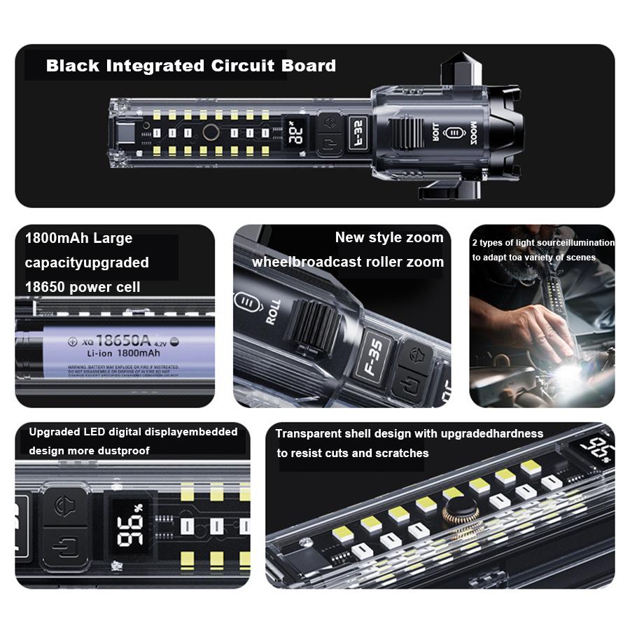 KDULIT Multifunction LED Dual Light Source Flashlight Built-in 1800mAh Battery Type-C Rechargeable Emergency Slide Zoom Torch