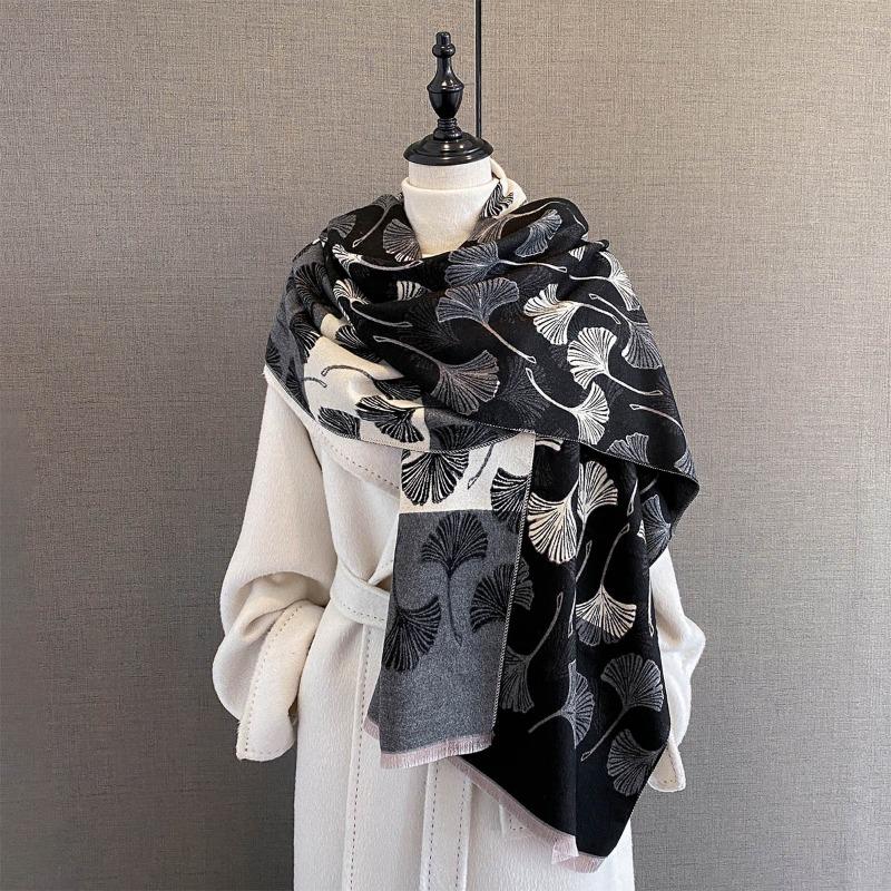 Vintage Ginkgo Leaf Jacquard Scarf Women Thick Warm Faux Cashmere Neck Scarf