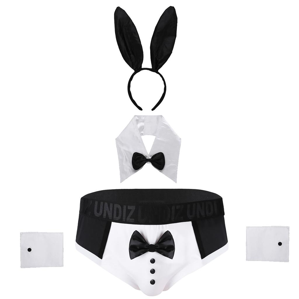 Mens Lingerie Set Bowknot Briefs Bunny Ears Headband Bowtie Collar Cuffs Halloween Costume