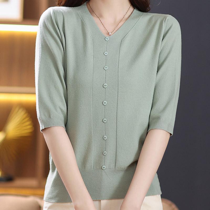 

Женские свитера, пуловеры 2025 Лето Короткий рукав V-образный вырез Черный вязаный свитер Женские топы, пуловер JJ139 One size зелёный