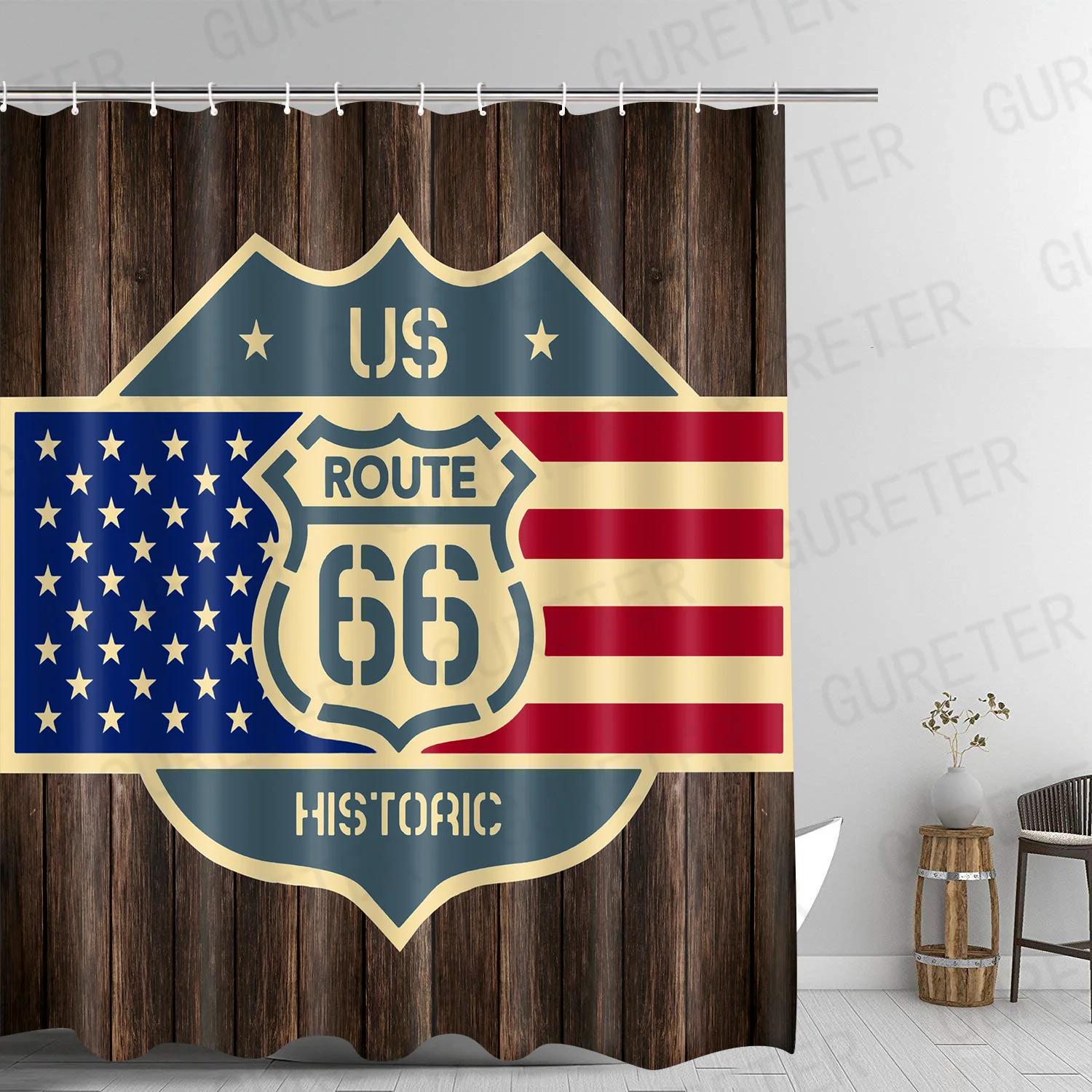 

American 66 Route Shower Curtain Bathroom Waterproof Shower Curtains Sexy Girl Bathroom Curtain Bath Screens with 12 Pcs Hooks W90xH180cm