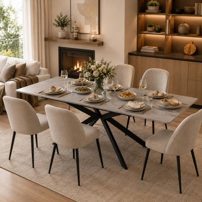 Mesa de Comedor Extensible Automáticamente, Mesa de Café de Ocio, L150/180 x A70 x Al76 cm, Diseño de Patas Cruzadas, Patrón de Cemento, Negro y Gris