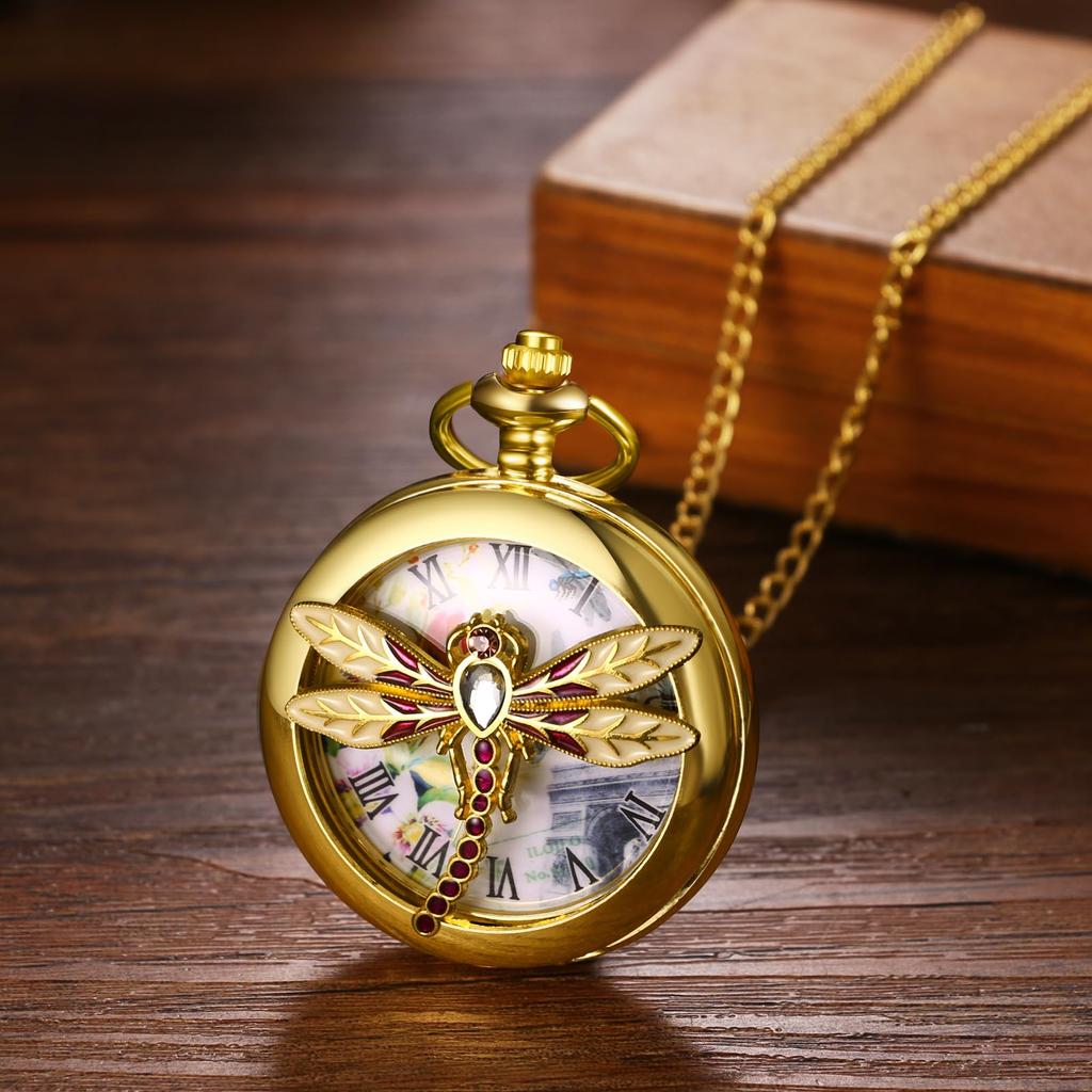Pocket Watch Dragonfly Antique Analog with Pocket Watch Pendant Watch Waterproof Necklace Chain Gold Birthday Anniversary Christmas Valentine White