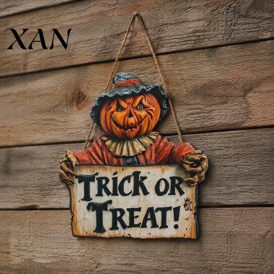 Halloween Hanging Decorations Trick or Treat Door Sign, with Scare Pumpkin Pattern, Indoor Outdoor Holiday Ornaments Vintage Style Wood Hanger,