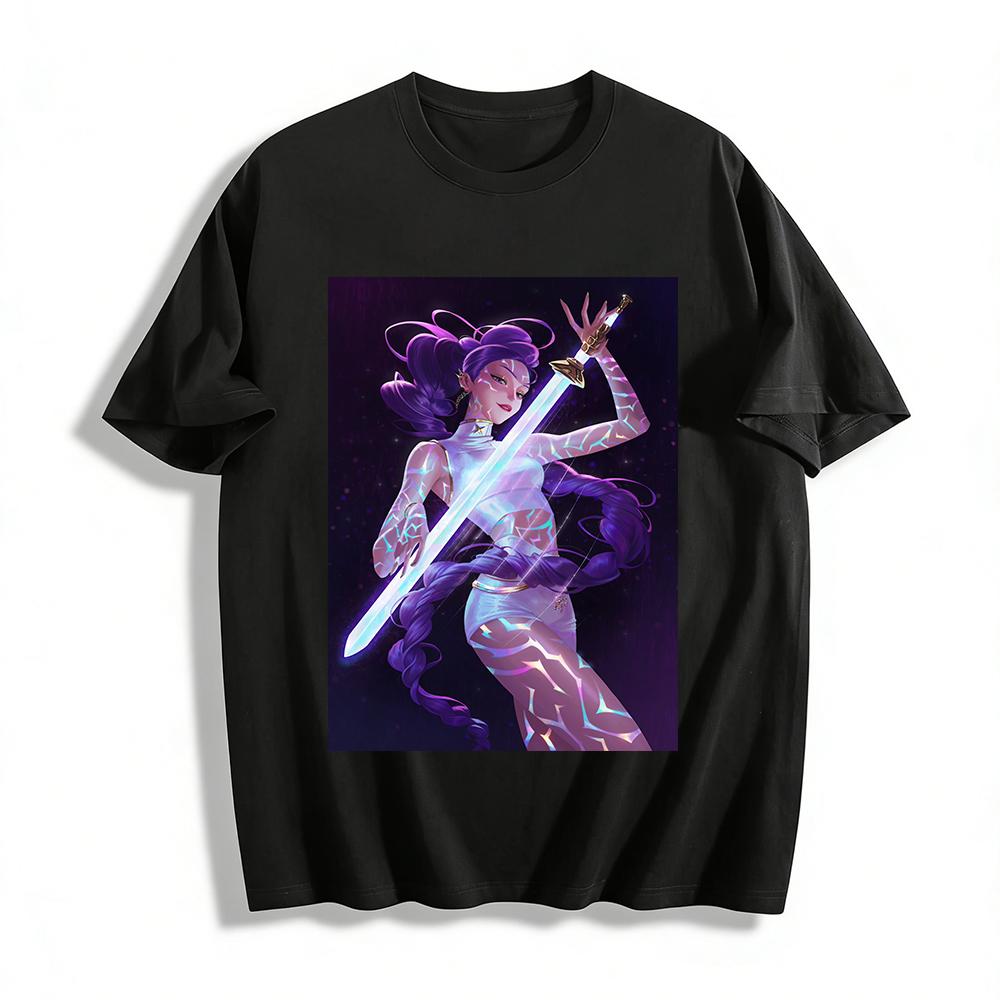 

Cyber Laser Pattern Sword-wielding Cool Girl Print Top Trendy Street Style Loose Casual T-shirt Pure cotton T-shirt 6XL
