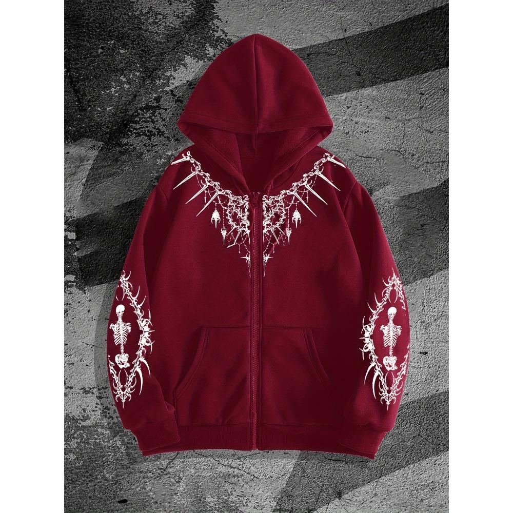 Męska gotycka bluza z kapturem na zamek z ciemnym nadrukiem, idealny wybór do modnego streetwearu, na co dzień i do modnych stylizacji.