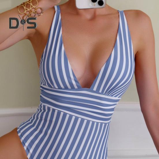 Women Monokini Deep V-Neck Sleeveless Slim Fit One-Piece Bikini Striped Print High Waist Tummy Control One-piece Swimsuit