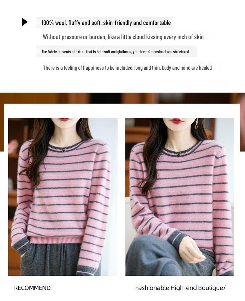 Women's Autumn/Winter Loose-Fit Round Neck Striped Pure Wool Sweater - Knitted, Warm Top Layers