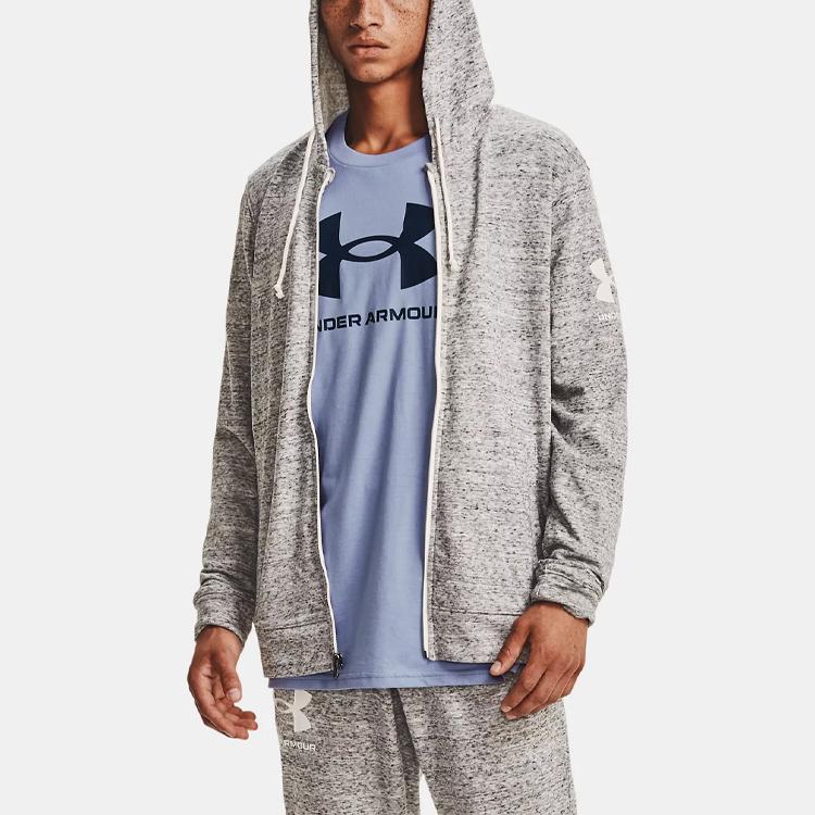 Under Armour Rival Terry Logo Print Loose Training Zip Hoodie Men hoodies Agate-White 1361606-112