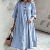 Abito da Donna Taglio Ampio Scollo a V Manica a Tre Quarti Cotone Lino Lunghezza Media Tasca a Tre Bottoni Casual Confortevole